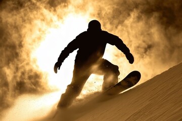 Snowboarder Silhouette Against Golden Sunrise with Powder Snow
