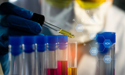 Scientist doing chemical experiment in laboratory with flask of liquid. Concept of science research, chemistry study and laboratory investigation.
