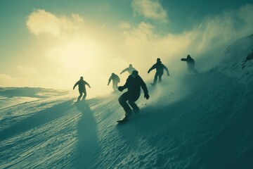 Snowboarders Riding Down a Snowy Mountain with Dramatic Lighting