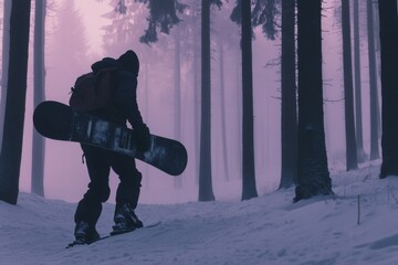 Snowboarder Walking Through Misty Winter Forest at Dusk