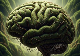Verdant Mind Organic Connection. This conceptual cerebral organ blends lush botanical elements with intricate root systems. It signifies cognitive growth, sustainability, and ecological awareness.