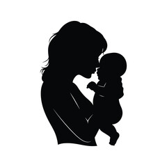 Silhouette of a Mother and Baby Tenderly Sharing a Moment Black and White Vector Illustration