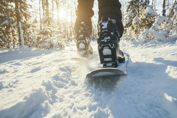 Snowshoe Adventure on a Winter Trail with Sunlit Snowy Landscape