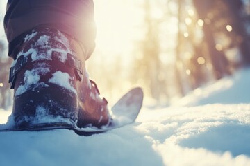 Snowshoeing Adventure in Serene Winter Landscape with Sunlight