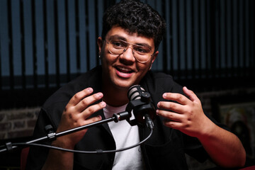 Podcast host recording a live session