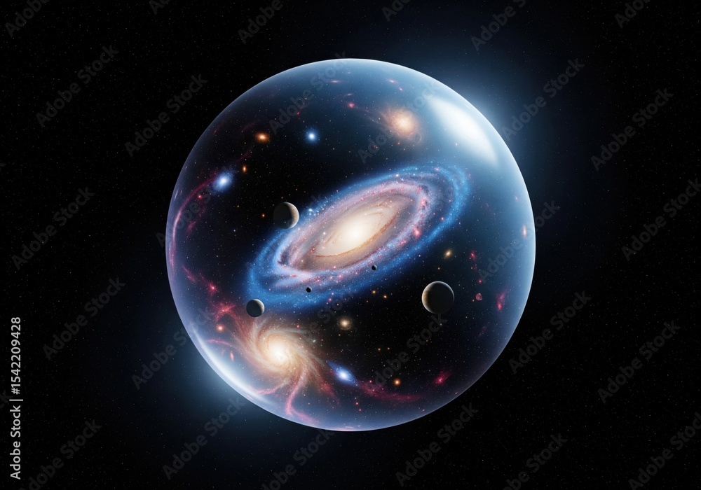 Poster galactic sphere in deep space. a vibrant spiral nebula, orbiting planets, and celestial wonders are 