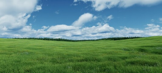 The lush green field under a bright blue sky with clouds and trees.