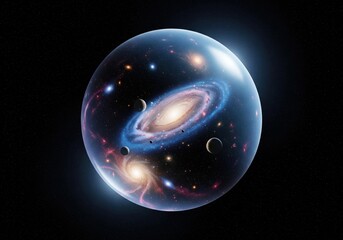 Galactic Sphere in Deep Space. A vibrant spiral nebula, orbiting planets, and celestial wonders are contained within a luminous transparent globe, set against the vastness of the cosmos. This.