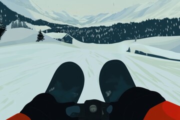 Snowy Mountain Landscape with Snowboarder Perspective on Slope
