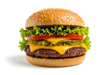 Classic Cheeseburger with Beef Patty, Melted Cheese, Lettuce, Tomato, and Pickles on a White Background