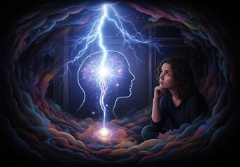 Thought Energy and Spiritual Vision. A pensive figure gazes at a luminous brain outline, illustrating profound mental activity and an electrifying connection to universal understanding and creation..