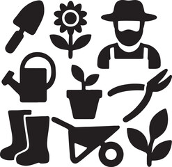 Gardening and farming icon set in black silhouette style including farmer, tools, watering can, flower pot, boots, and vegetables — perfect for agriculture, planting, and eco-friendly design projects.