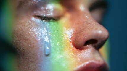 Close-Up Face with Colorful Lights and Water Drops on Skin