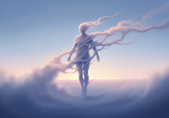 Ethereal Being in Heavenly Mist. A spiritual entity formed from swirling vapor stands amidst a tranquil sky. This image evokes concepts of transcendence, rebirth, and inner liberation.