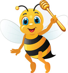 Happy cartoon bee holding honey dipper isolated on white background