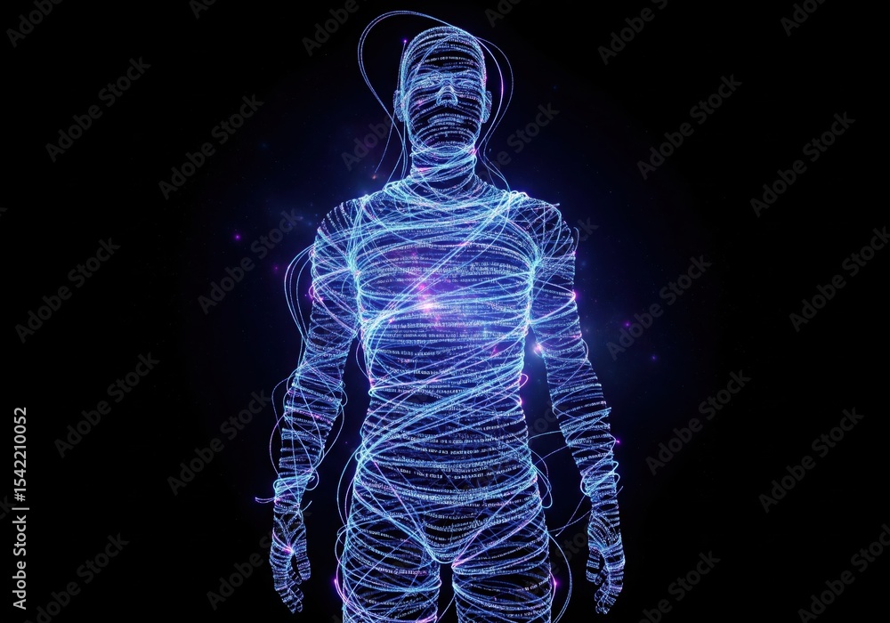 Aufkleber digital human form. this glowing figure, composed of luminous lines of code, represents advanced tec