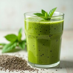 Green smoothie in a faceted glass with visible chia seeds, garnished with mint leaves, surrounded by loose chia seeds and fresh herbs on a rustic surface