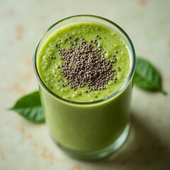 Close-up view of a green smoothie in a clear glass topped with chia seeds, photographed from above with soft lighting and leafy greens in background