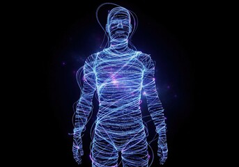 Digital Human Form. This glowing figure, composed of luminous lines of code, represents advanced technology, data streams, and the evolving nature of artificial intelligence in a virtual realm.