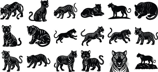 Naklejka premium Tiger Silhouette Vector Set, on white background.