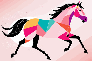 Obraz premium Abstract Geometric Horse Illustration-Colorful Polygon Art of a Running Stallion-Modern Horse Design-Pink Background Horse Artwork