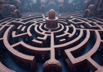 Intricate Labyrinth Puzzle. A complex circular enigma, meticulously crafted from textured material, representing the journey of discovery and profound mental challenge.