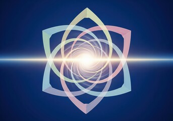 Spiritual Geometry Energy Portal. Bright central light and colorful orbital lines forming a sacred pattern, evoking themes of universal harmony and deep discovery.