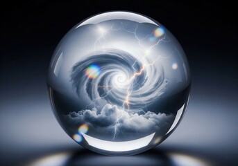 Severe Storm Crystal Sphere. A transparent orb encases a swirling hurricane, fierce lightning, and falling precipitation. It symbolizes nature's immense power and global climate challenges.