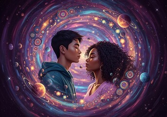 Cosmic Love: Soulmates in Universe. A couple shares a profound spiritual connection amidst a stunning celestial backdrop. This artwork evokes harmony, unity, and an infinite bond.