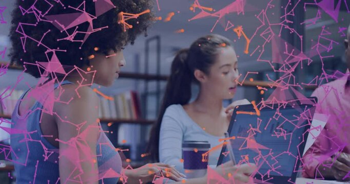 team typing on laptops activating network overlay while man taking notes and analyzing data - Powered by Adobe