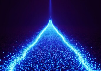 Abstract Radiant Data Pathway. Dynamic visual of glowing sapphire particles forming a route towards a bright source. Represents technological advancement, digital progress, and interconnected.