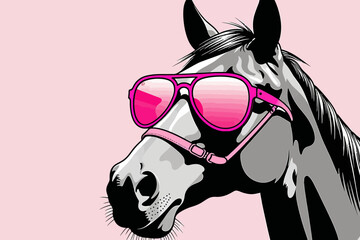 Cool Horse with Pink Sunglasses-Stylish Equine Portrait-Fun Animal Art-Trendy Horse Illustration-Modern Horse with Shades-Unique Horse Image