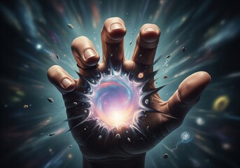Cosmic Hand Unleashing Universal Energy. A powerful human palm grasping a vibrant nebula, symbolizing divine genesis, infinite control, and vast possibilities within the cosmos.