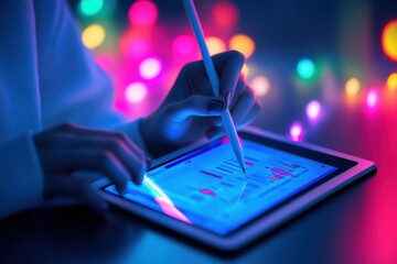 Stylish Hands Using Tablet with Graphs and Neon Lights in Background