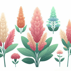 Group of colorful stylized celosialike flower clusters on a white backdrop