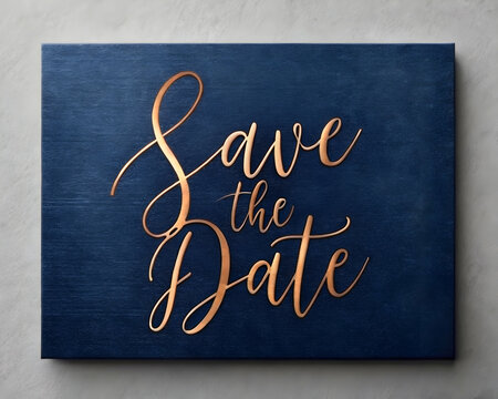 Modern navy save the date card with metallic copper calligraphy