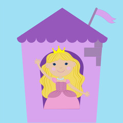 Girl princess in a fluffy dress, with a crown, smiling, sitting in a tower and waving her hand, children