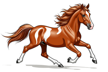 Obraz premium Galloping Chestnut Horse Illustration- Majestic Equine Art in Motion- Beautiful Horse with White Markings on Brown Coat- Animated Horse Image for Horse Lovers