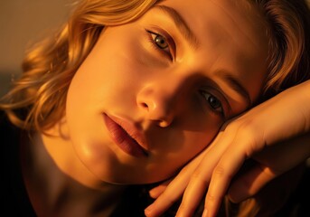Serene Woman Golden Light Portrait. Captivating female visage bathed in soft, amber sunbeams. Evokes feelings of peace and deep thought, showcasing natural charm.