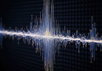 Digital Audio Wave Spectrum Visualization. Dynamic representation of sound frequencies on a textured dark background. Symbolizes data flow, advanced diagnostics, and technological progress.