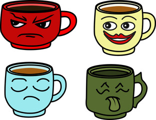 Emotional Coffee Mug Set, Four expressive cartoon-style coffee mugs with different emotional faces: angry, happy, sad, and disgusted. Transparent background, no steam. 