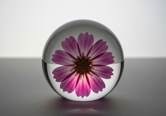 Pink Cosmos Flower in Glass Sphere. A radiant fuchsia bloom resides within a translucent orb, representing timeless elegance and a captivating miniature universe.