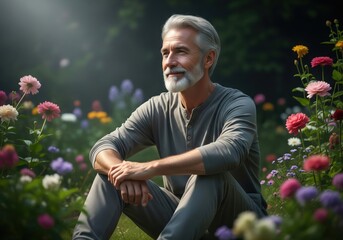 Serene Man in Blossoming Garden. A handsome gentleman with silver hair sits calmly amidst a colorful flower meadow. This image evokes feelings of tranquility, contemplation, and natural harmony.