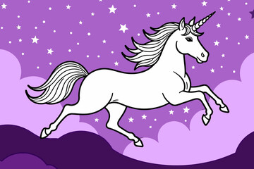Fototapeta premium Magical Unicorn Illustration-White Unicorn Running on Clouds-Purple Starry Sky Background-Fantasy Art for Kids-Cute Unicorn Image