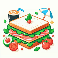 Illustrated cartoonstyle sandwich with drink beach umbrella and assorted vegetables on white background
