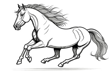 Majestic Running Horse Drawing- Black and White Illustration of a Galloping Horse- Equine Art Print for Horse Lovers- Detailed Horse Sketch Artwork