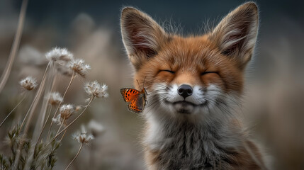 Fototapeta premium Fox Cub with Butterfly on Its Nose in Nature