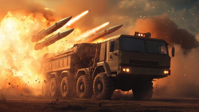 Missile truck launching missiles in fiery explosion