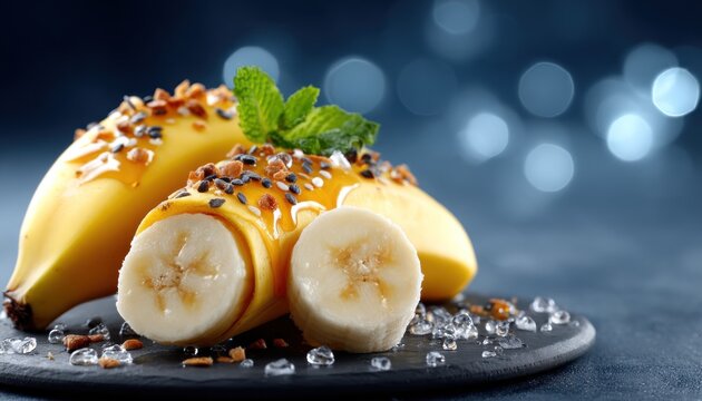 Close-up of sliced bananas with toppings