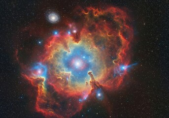 Vibrant Nebula and Distant Galaxy. Observe the breathtaking formation of celestial gas and dust, illuminated by brilliant stars. This cosmic vista symbolizes the universe's infinite beauty.